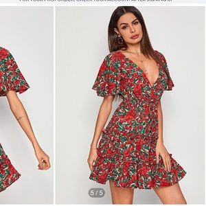 Floral flutter sleeve frill dress